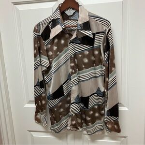 Vintage Sears The Men’s Store 70s bold polyester shirt, tan/brown/blue, 17 1/2”